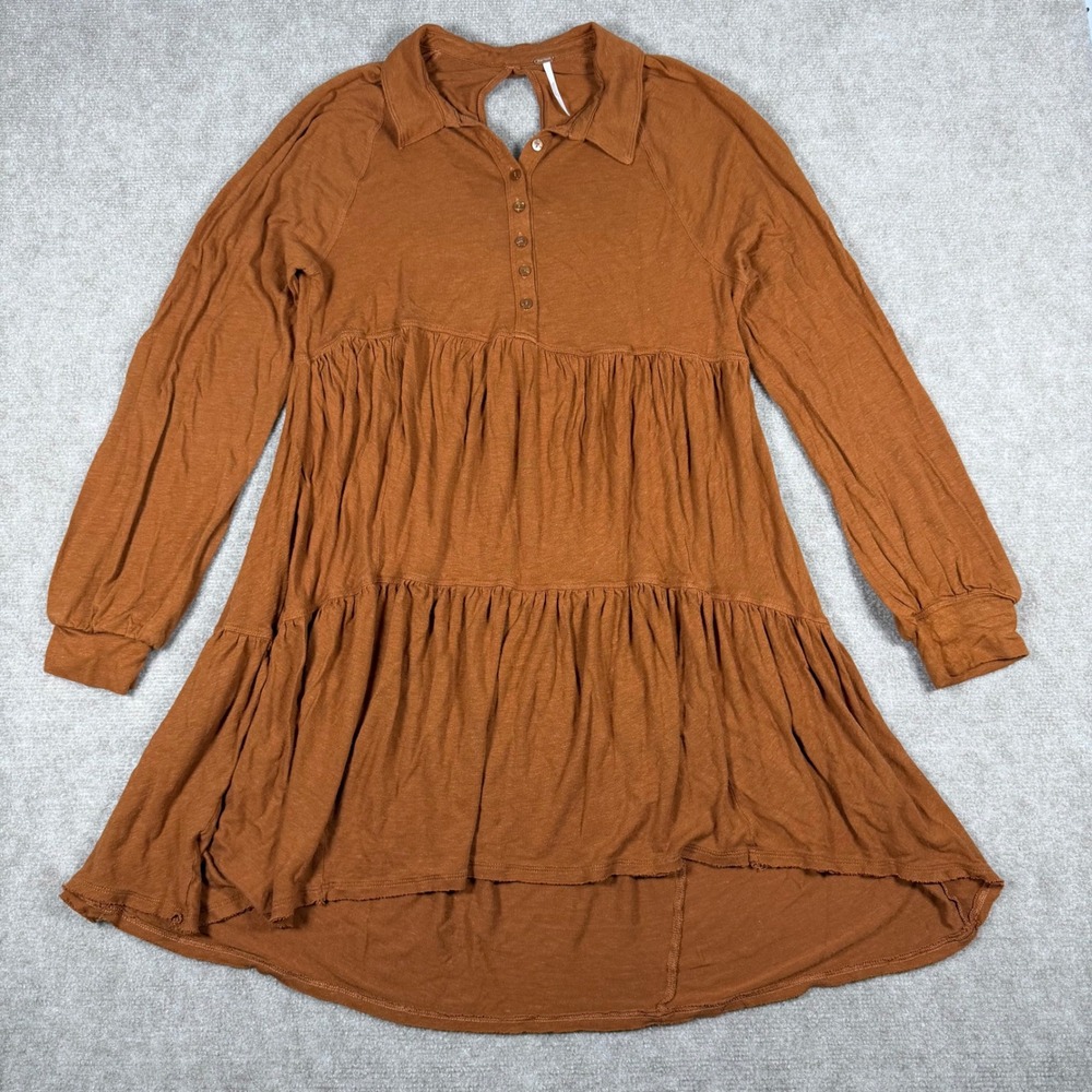 Free People Dress Women L Brown Linen Blend Tiered Swing Shirt Long‎ Sleeve Boho